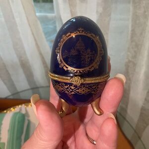 VTG Russian AKM Signed Porcelain Cobalt Blue & Gold Egg Jewelry Trinket Box